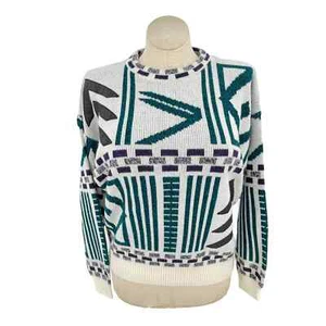 Vintage 80s Cream Geometric Sweater Leather Details Pullover El Dorado Size XL - Picture 1 of 12