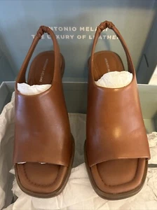 Preowned Antonio Melani Peep Toe Brown Leather Heel Sandals Size 6 1/2 - Picture 1 of 19