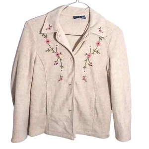 VINTAGE COTTAGECORE BASIC EDITIONS TAN FLORAL EMBROIDERED FLEECE COAT SWEATSHIRT - Picture 1 of 4