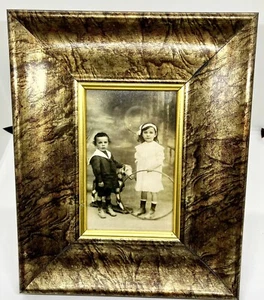 Vintage Gold Marble Look Photo Frame With Antique Photo Girl & Boy & Hoop - Picture 1 of 4