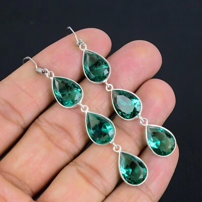 Pendiente vintage hecho a mano de plata de ley 925 con piedras preciosas de Turmailine verde para regalo Foto 1 de 4