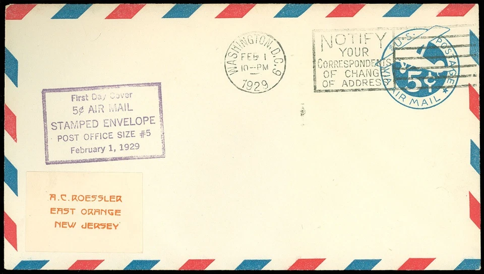 2/1/1929 WASH DC Cds, ROESSLER Orange Label & 5c Air Mail H/S, Size 5, #UC1 FDC! - Image 1 of 1