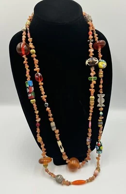 Artisan Natural Stone Amber Copal Uranium Vaseline Glass Long Beaded Necklace - Image 1 of 4