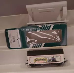 Modelo de Sajonia H0 1:87 18646 vagón publicitario con techo de toneladas "Petermännchen" embalaje original limitado - Imagen 1 de 7