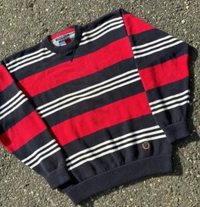 Vintage 90s Tommy Hilfiger USA Striped Crewneck Knit Sweater Blue Red Mens Large - Picture 1 of 4