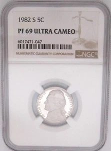 1982-S JEFFERSON 5c NGC PF69 ULTRA CAMÉE = argent brillant 5c et 2ème MEILLEUR - Photo 1/7