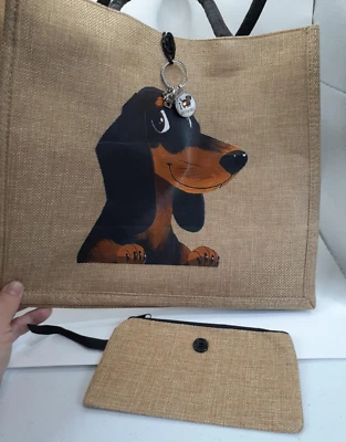 3 Piece Set Dachshund Dog Print Burlap Canvas Tote Bag Wristlet Charm Keychain - Image 1 of 4