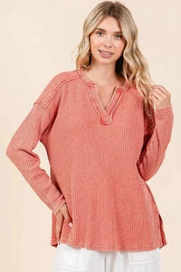 Top túnica Mittoshop mineral lavado punto gofre cuello en V en rojo óxido - Imagen 1 de 6