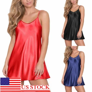Womens Lingerie Nightdress Satin Sexy Robe Dress Babydoll Nightgown Sleepwear US - Picture 1 of 17