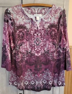 Christopher And Banks M Tunic V Neck With Buttons Maroon Paisley Design Shirt - Picture 1 of 5