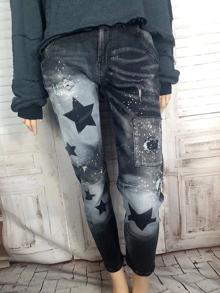 💋Sexy Woman coole Jeans Baggy Boyfriend grau mit Sternen Flicken Risse  Gr.S - Bild 1 von 4