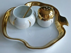 JUEGO DE ART DECO años 20 ROBJ PARIS M.D. PLATO DE SERVIR DORADO CUENCO DE AZÚCAR OLLA DE SAL - Imagen 1 de 12