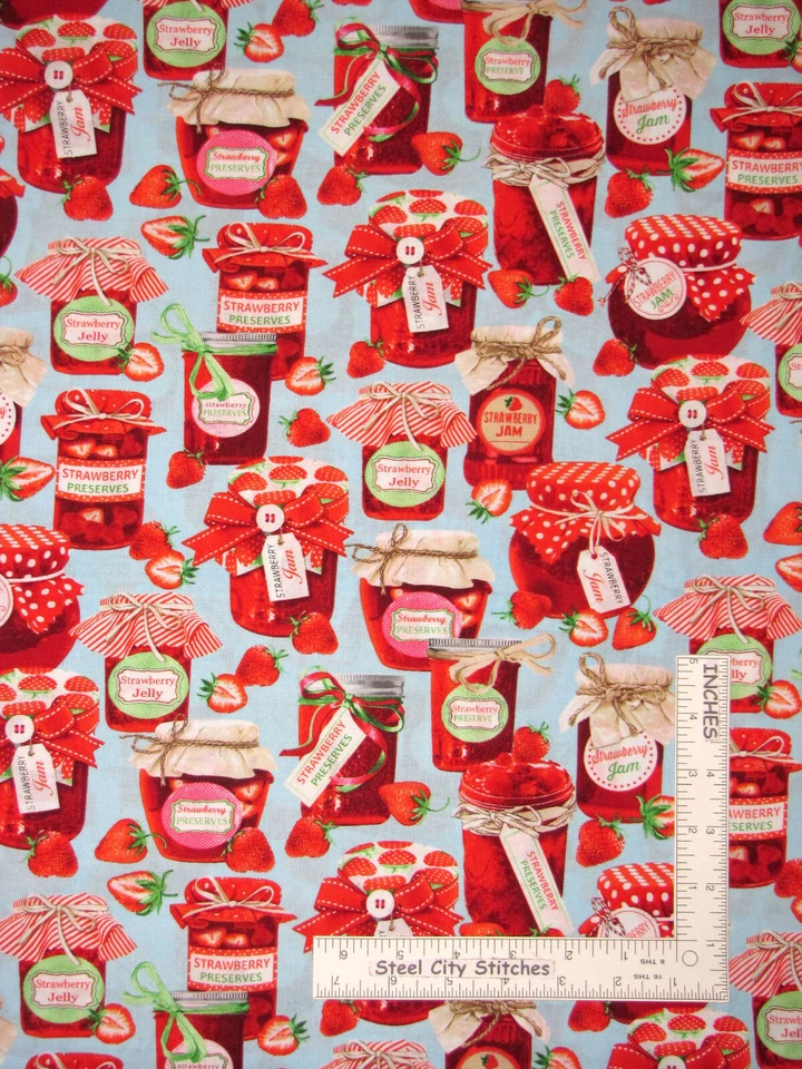 Tarros de mermelada Strawberry Fields tela de algodón azul fresas Benartex por yarda Foto 1 de 1