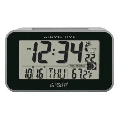 BRANDED La Crosse Atomic Digital Alarm Clock Indoor Temp Moon Phase Travel Silver