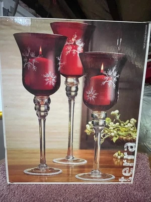 3 candelabros Terra Glass Hurricane o copa de vino plata brillo copos de nieve Foto 1 de 4