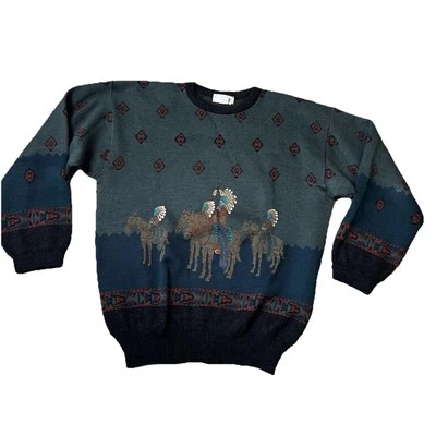 Vtg Tricots St Raphael Mens Native Chief Horse Western Wool Sweater Sz XL - Image 1 of 4