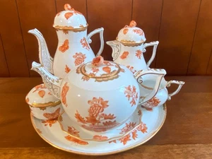 Herend Queen Victoria Fortuna Rust Tea & Coffee Set: 24k Gold Gilt, Hand-Painted - Picture 1 of 24