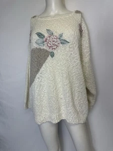 VINTAGE COLLECTIONS PLUS BRAND SIZE 24W Cream Sweater W Floral Accent Beads - Picture 1 of 6