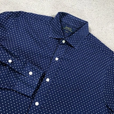 Camisa Polo Ralph Lauren Adulto Grande Azul Lunares Calce Ajustado Manga Larga Botón Foto 1 de 4