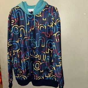 Men’s Parish Nation Hoodie Size 2XL Navy Multi Color Logo All Over  Teal Hood - Picture 1 of 4