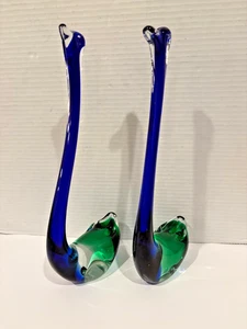 Set of 2 Pier 1 Hand Blown 13" Long Neck Swan Cobalt Blue Green Clear Art Glass - Picture 1 of 8