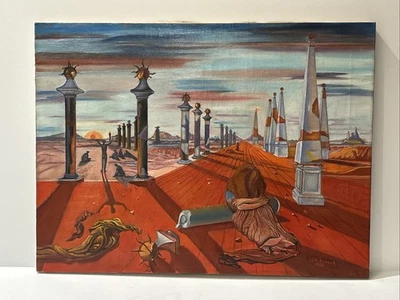 MID CENTURY SURREALIST PAINTING SURREALISM 1950'S LANDSCAPE MODERNIST OIL 24" - Image 1 of 4