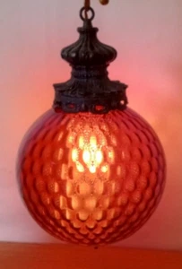MCM Red Optic Glass Round Hanging Swag Lamp Mid Century Modern - Picture 1 of 13