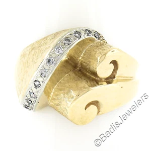 Vintage 14k TT Gold Diamond Florentine & Polished Finish Cocktail Statement Ring - Picture 1 of 9