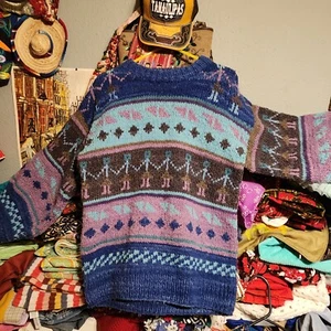 Suéter Tribal Vintage Tejidos Indígenas Grueso Tejido a Mano 100% Lana Ecuador - Imagen 1 de 15