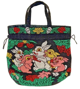 Vintage 70s Candy Bead Bunny Rabbit Family Large 16x16 Bag Drawstring Hong Kong - Picture 1 of 9