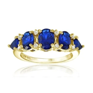 Gold Tone over Silver Created Blue Sapphire & White Topaz Half Eternity Ring, S8 - Picture 1 of 3