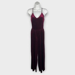 Snap Burgundy Crushed Velvet Velour Wide Leg Jumpsuit Adjustable Straps Medium - Picture 1 of 7