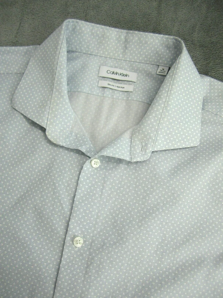 Calvin Klein Sz 2XL 18 34/35 Slim Fit Shirt Non-Iron Geometric Blue White - Image 1 of 4