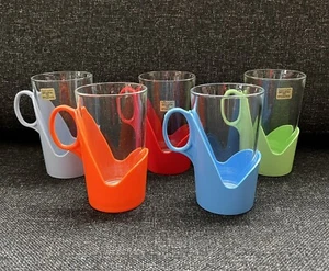 Vintage Arcoroc Drink Up Glasses Tumblers Cups Plastic Handles Holders x5 - Picture 1 of 12