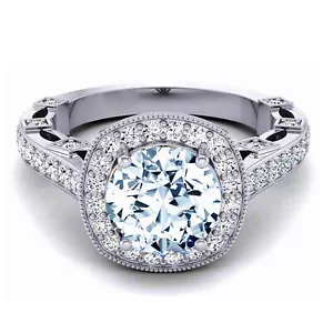3.04Ct Vvs1 Round Cut Blue White Moissanite Diamond Engagement Ring Silver - Picture 1 of 4