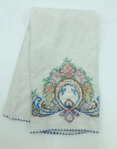 Vintage Cross Stitch Floral Design Linen Blend Hand Towel - Picture 1 of 6