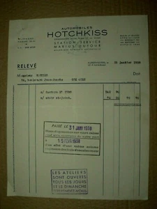 Facture Ancienne Automobiles HOTCHKISS 1938 garage Dufour Aubervilliers Brochure - Imagen 1 de 1