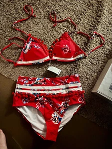 NWT COCOSHIP RED FLORAL Pom Pom High waist 2 Piece SIZE 14 SWIM BIKINI - Picture 1 of 3