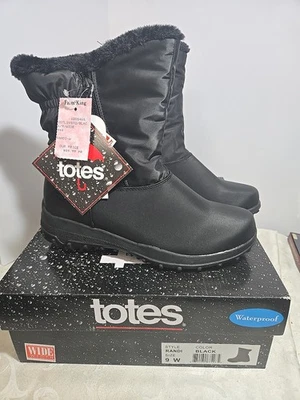 Totes RANDI Black Women's Nylon Waterproof Side Zip Up Boots 9W Wide Faux Fur  - Image 1 of 4