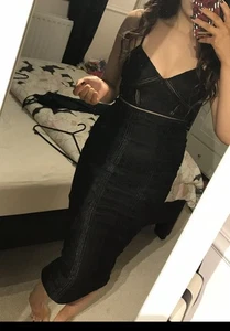 Pretty Little Thing Black lace Mesh stripe Insert Midi Bodycon Dress Size 8 - Picture 1 of 9