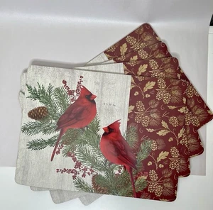 Red Cardinal Tischsets Hartkork Rückseite Set 4 Tannenzapfen Weihnachten Winter Beere - Bild 1 von 4