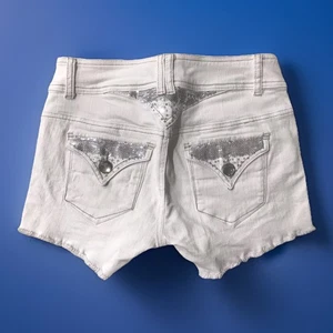 Y2K weiße abgeschnittene Jeans kurze Shorts Pailletten Strass Knöpfe Jrs Größe 5 NEU - Bild 1 von 7