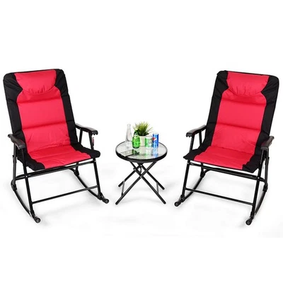 3PCS Folding Bistro Set Rocking Chair Cushioned Table Garden Furniture Red - Image 1 of 4