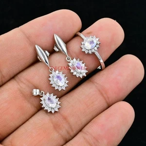 Natural Moonstone & topaz Gemstones 925 Sterling Silver Pendant Earring Ring Set - Picture 1 of 7