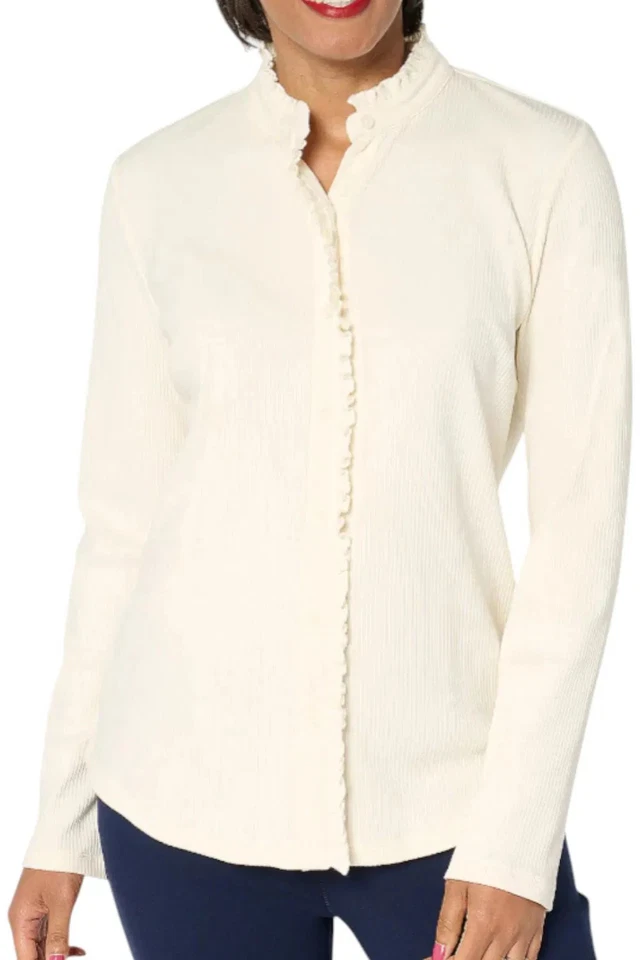 Isaac Mizrahi Live! Women's Knit ButtonFront Shirt Ruffle Detail Cream - Изображение 1 из 1