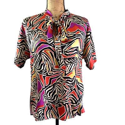 Blusa Etcetera colorida estampa abstrata manga curta gola redonda seda longa tamanho 8 - Imagem 1 de 4