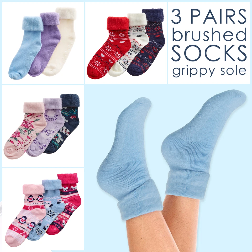 3 pares de calcetines de cama para mujer calcetines de salón pinzas antideslizantes revestimiento cepillado Foto 1 de 1