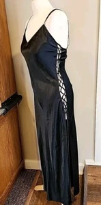 Vtg Victorias Secret Satin Slip Dress Small Black Side Laced Midi Y2K Nightgown - Picture 1 of 16