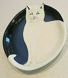 Flat Earth Pottery Cat Plate Platter Oval 1989 Blue 12 3/4". Vintage - Picture 1 of 2