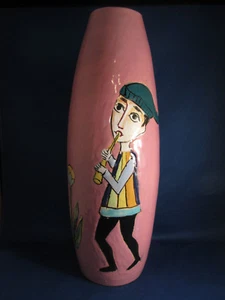 Unusual Mid Century Vintage Italian Art Pottery Vase Hand Painted Signed Mystery - Picture 1 of 12